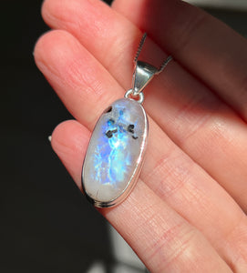 Full flash Rainbow Moonstone pendant with Black Tourmaline