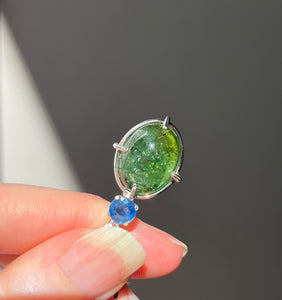 One of a kind - Sparkly Rutile included Gem Green Tourmaline necklace with Vibrant Blue Sapphire