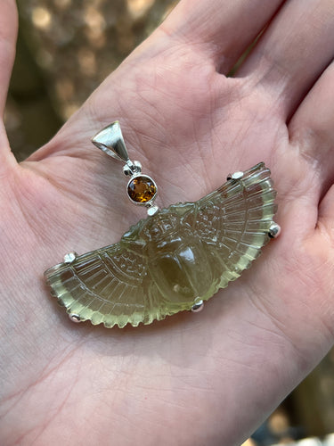 One of a Kind - Libyan Gold Tektite Carved Winged Scarab pendant with Citrine Sun - 64 carats