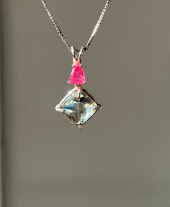 One of a kind Prasiolite (Green Amethyst) mini Magician Stone Necklace with specialty cut Pink Tourmaline