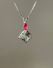 Load image into Gallery viewer, One of a kind Prasiolite (Green Amethyst) mini Magician Stone Necklace with specialty cut Pink Tourmaline