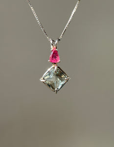 One of a kind Prasiolite (Green Amethyst) mini Magician Stone Necklace with specialty cut Pink Tourmaline