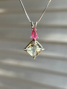 One of a kind Prasiolite (Green Amethyst) mini Magician Stone Necklace with specialty cut Pink Tourmaline