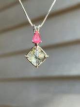 Load image into Gallery viewer, One of a kind Prasiolite (Green Amethyst) mini Magician Stone Necklace with specialty cut Pink Tourmaline