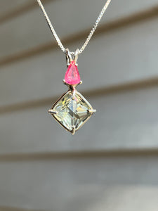 One of a kind Prasiolite (Green Amethyst) mini Magician Stone Necklace with specialty cut Pink Tourmaline