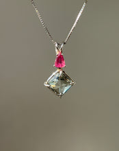 Load image into Gallery viewer, One of a kind Prasiolite (Green Amethyst) mini Magician Stone Necklace with specialty cut Pink Tourmaline