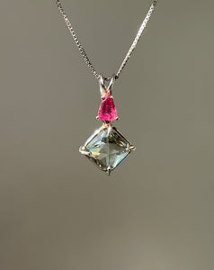 One of a kind Prasiolite (Green Amethyst) mini Magician Stone Necklace with specialty cut Pink Tourmaline