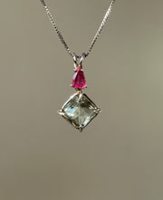 Load image into Gallery viewer, One of a kind Prasiolite (Green Amethyst) mini Magician Stone Necklace with specialty cut Pink Tourmaline