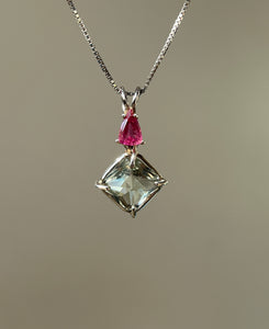 One of a kind Prasiolite (Green Amethyst) mini Magician Stone Necklace with specialty cut Pink Tourmaline