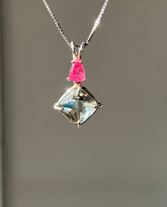 One of a kind Prasiolite (Green Amethyst) mini Magician Stone Necklace with specialty cut Pink Tourmaline