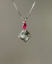 Load image into Gallery viewer, One of a kind Prasiolite (Green Amethyst) mini Magician Stone Necklace with specialty cut Pink Tourmaline