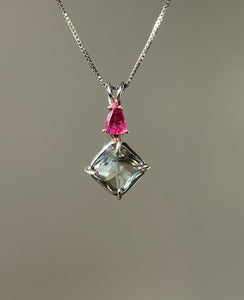 One of a kind Prasiolite (Green Amethyst) mini Magician Stone Necklace with specialty cut Pink Tourmaline