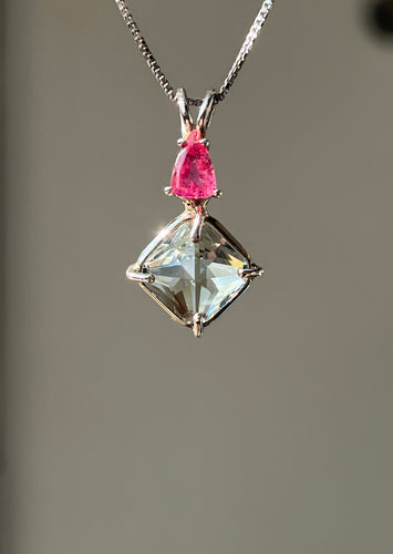 One of a kind Prasiolite (Green Amethyst) mini Magician Stone Necklace with specialty cut Pink Tourmaline