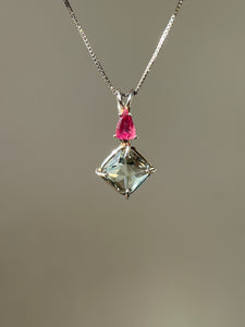 One of a kind Prasiolite (Green Amethyst) mini Magician Stone Necklace with specialty cut Pink Tourmaline