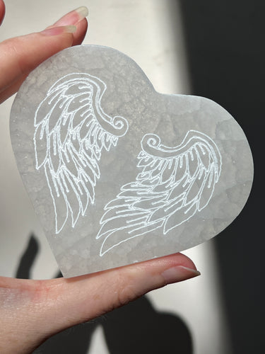 Selenite charging plate with etched Angel wings