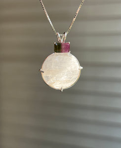 Rare Synergy 12 XL Natrolite necklace with Watermelon Tourmaline