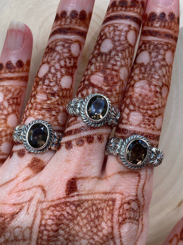Smoky Quartz rings with flower band detail