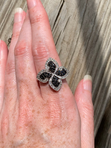 Black Spinel and White Topaz infinity design 4 leaf clover rings