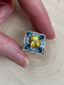 Natural faceted Yellow Apatite rings with Blue Topaz and Blue Zircon