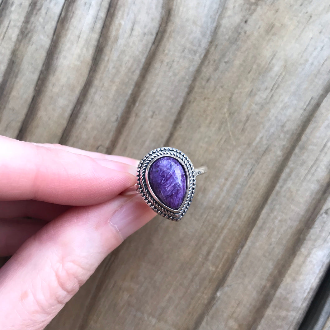 Teardrop Charoite ring