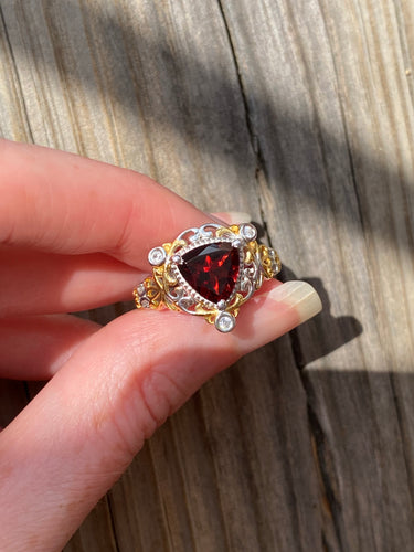 XL Trillion cut African Garnet gold and silver royal ring