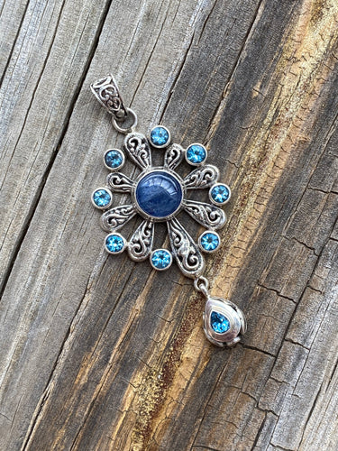 Kyanite and Sky Blue Topaz Peacock Sunburst pendant