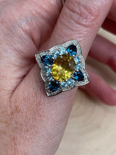 Load image into Gallery viewer, Natural faceted Yellow Apatite rings with Blue Topaz and Blue Zircon