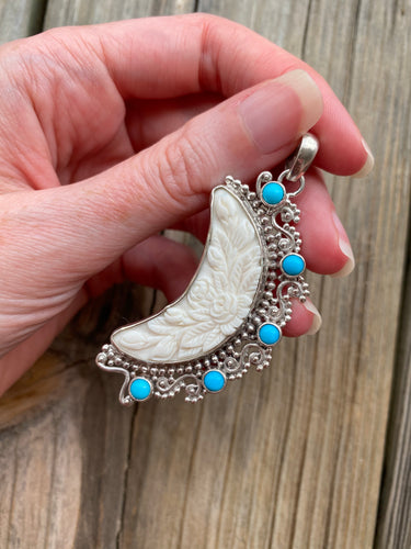 Carved Waxing Crescent Moon pendant with RARE sleeping beauty turquoise