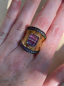 Blue and Purple Fluorite cage ring with Diopside, Iolite, Amethyst, Topaz and Garnet