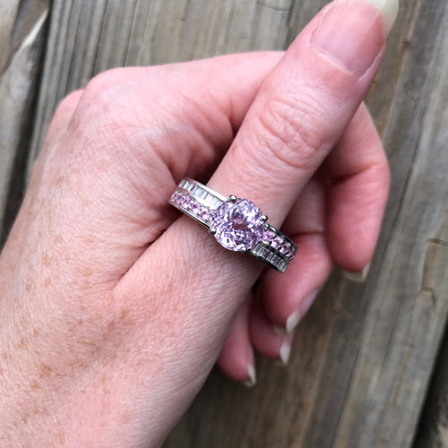 Untreated purple Kunzite, Pink Sapphire and White Topaz ring