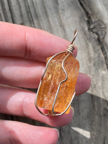 XL top quality raw, naturally terminated Imperial Topaz sterling silver wire wrapped pendant