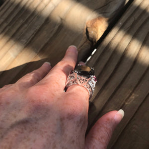 Black Spinel & Rhodolite Garnet ring