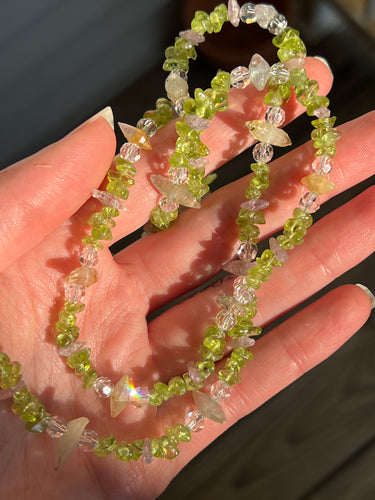 One of a kind Peridot, Clear Quartz, Pink, Yellow and Blue Sapphire necklace