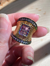 Load image into Gallery viewer, Blue and Purple Fluorite cage ring with Diopside, Iolite, Amethyst, Topaz and Garnet