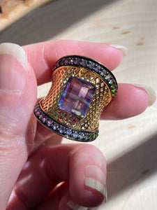 Blue and Purple Fluorite cage ring with Diopside, Iolite, Amethyst, Topaz and Garnet