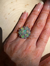 Load image into Gallery viewer, Magical XL Ethiopian Opal Hearts and Tanzanite rounds ring