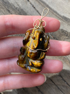Tiger Eye carved Ganesha wire wrapped pendant
