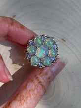 Load image into Gallery viewer, Magical XL Ethiopian Opal Hearts and Tanzanite rounds ring