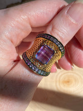 Load image into Gallery viewer, Blue and Purple Fluorite cage ring with Diopside, Iolite, Amethyst, Topaz and Garnet