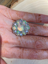 Load image into Gallery viewer, Magical XL Ethiopian Opal Hearts and Tanzanite rounds ring