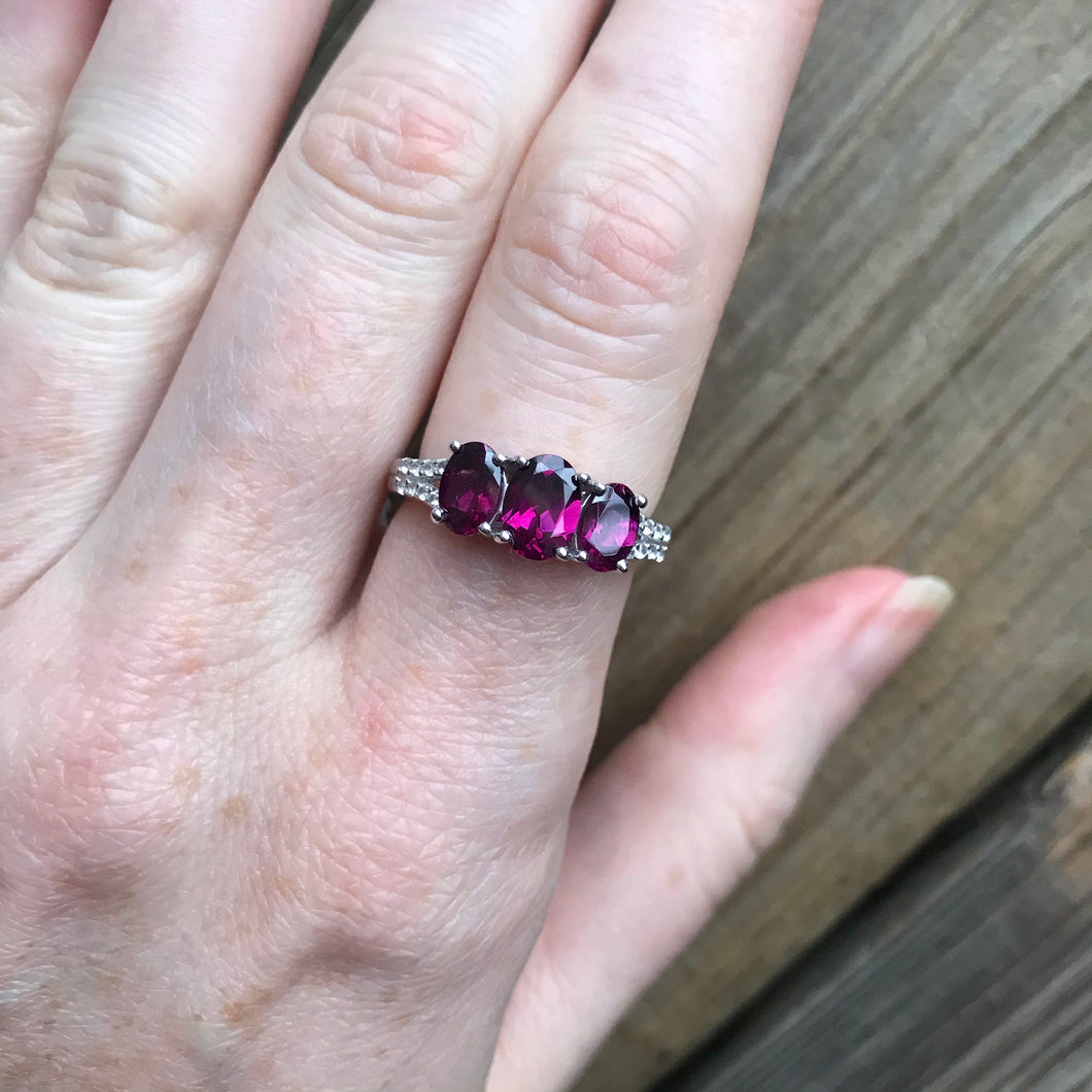 Rhodolite Garnet trilogy rings