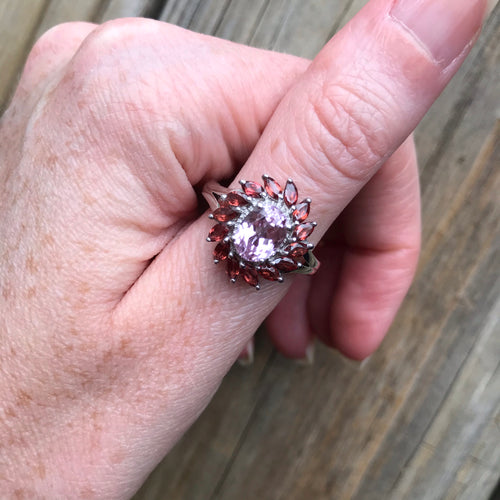 Untreated Pink/Purple Kunzite with African Garnet rings