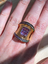 Load image into Gallery viewer, Blue and Purple Fluorite cage ring with Diopside, Iolite, Amethyst, Topaz and Garnet