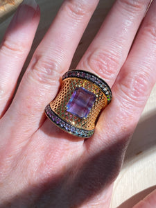 Blue and Purple Fluorite cage ring with Diopside, Iolite, Amethyst, Topaz and Garnet