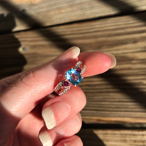 Blue Topaz, Rhodolite Garnet and Zircon ring