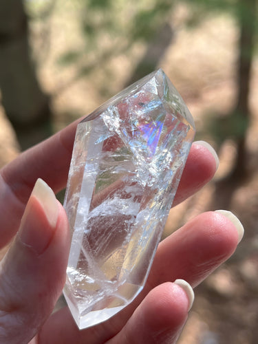 Clear Quartz double terminated wand with Rainbows and Phantom