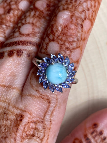 Larimar and Tanzanite sunburst ring