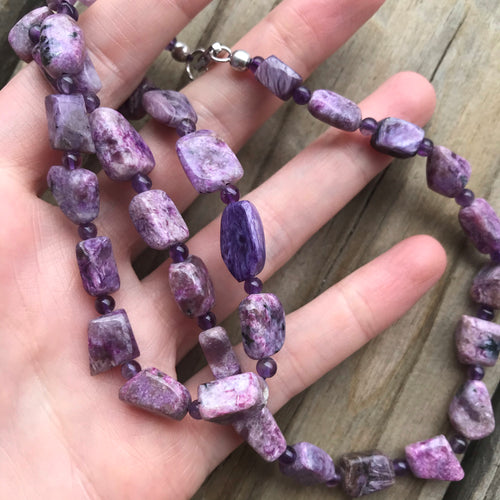 Charoite with Aegirine and Amethyst necklace