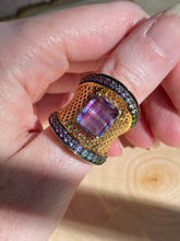 Load image into Gallery viewer, Blue and Purple Fluorite cage ring with Diopside, Iolite, Amethyst, Topaz and Garnet