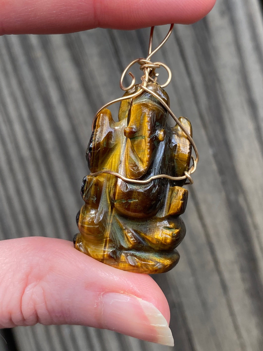 Tiger Eye carved Ganesha wire wrapped pendant